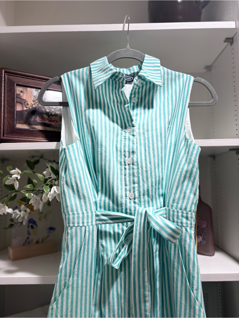 Duffield Lane Green and White Striped Shirt Dress - Picture 2 of 8